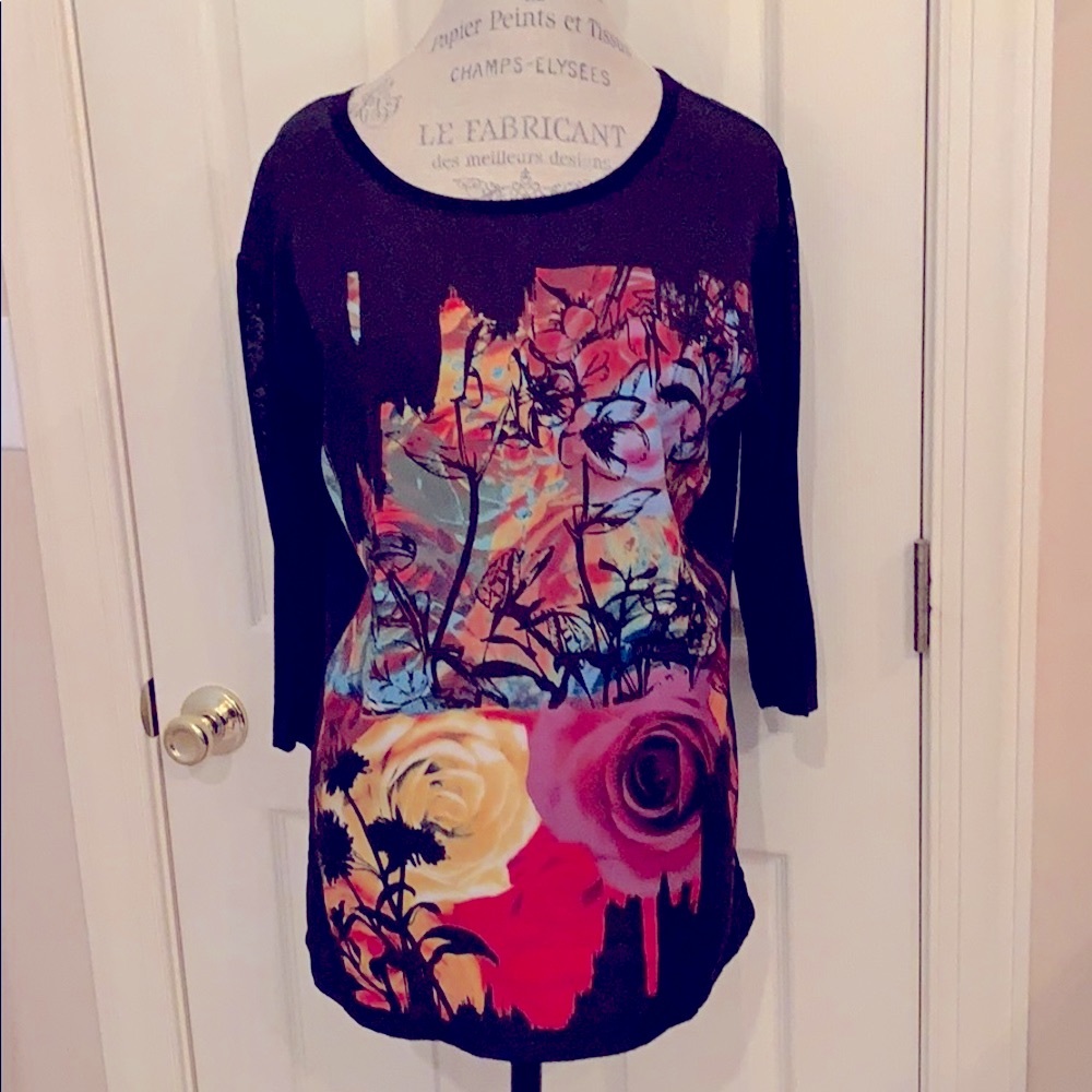 Via Milano | Black Floral Top | Size Large